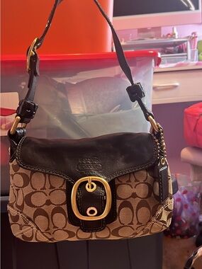 Coach Brown Signature Canvas Hobo with Black Leather Flap and Gold Hardware